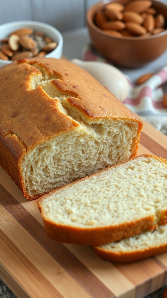 A loaf of low carb bread sliced on a cutting board, showcasing its texture, with almonds and flaxseeds in the background.